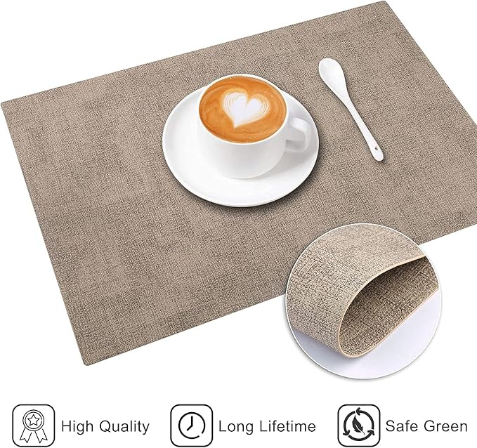 LANDVIEW Leather Heat Resistant Placemats Set of 6 Waterproof Wipeable Washable PU Table Mats,Easy to Clean Anti-Slip Place Mats (Light Brown, 6)