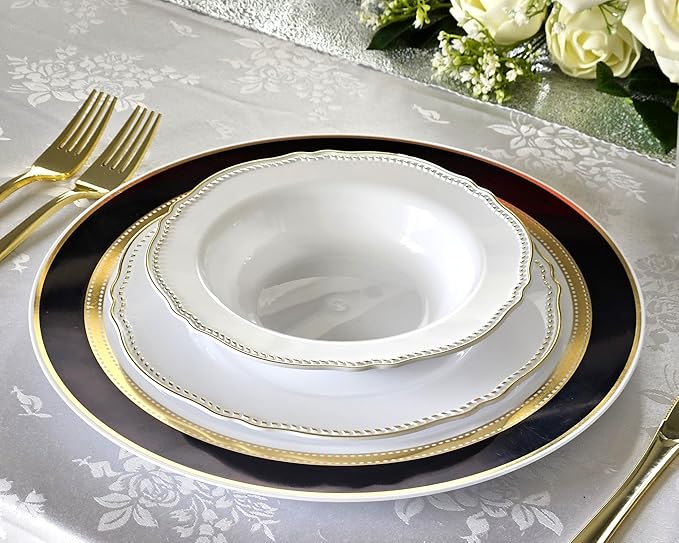 " OCCASIONS " 40 Piece Chargers pack Wedding Party 12'' Disposable Plastic Charger Plates/Chargers (Ritz Black & Gold)