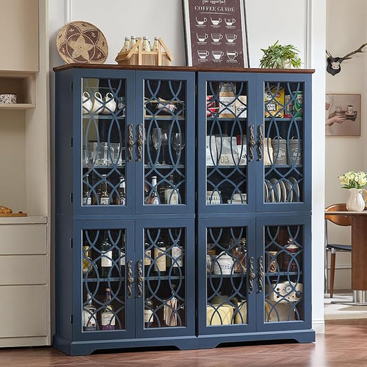 67" Tall Pantry Cabinet Set of 2, Vintage Kitchen Pantries Cabinets with Glass Doors & Adjustable Shelves, Wood Cupboard with Large Storage for Dingning Room, Bathroom, Navy Blue