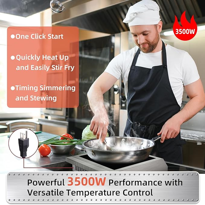 Portable Induction Cooktop 208-240V 3500W Commercial Range Countertop Burner Dual IGBT Modules 8 Heating Level Timer Sensor Push-Button Premium Stainless Steel Housing Ceramic Glass（Red）