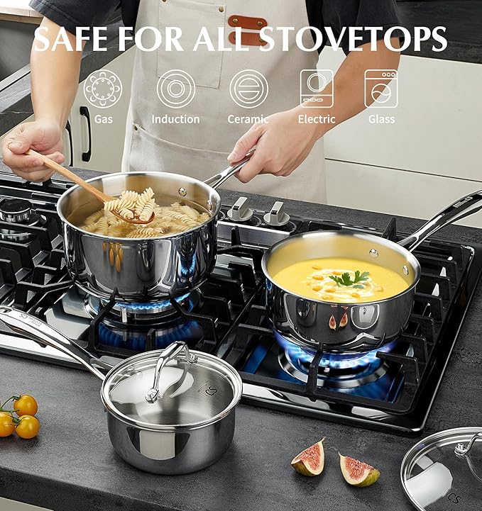 KOCH SYSTEME CS Triply Stainless Steel Saucepan, 3 Quart Stainless Steel Pot with lid, Large Cooking Pot, 3QT Sauce Pan with Stay Cool Handle, Induction Compatible Pot, Oven Safe 600째F