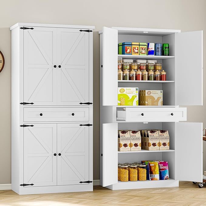 Pantry Organizers and Storage Cabinet, 70??Barn Door White Kitchen Cabinet with Drawers and Adjustable Shelf, Tall Pantry for Kitchen, Dining Room, Living Room Bedroom
