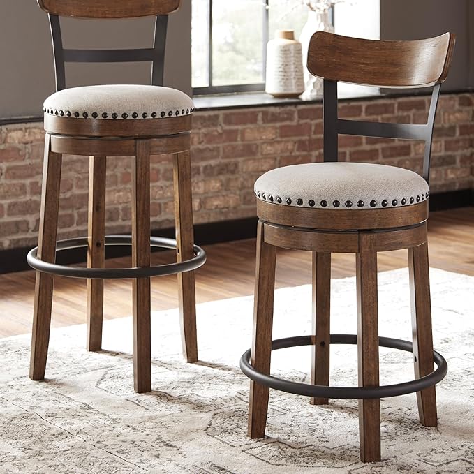 Signature Design by Ashley Valebeck | 30??Farmhouse Pub-Height Swivel Barstool With Back ??Upholstered Cushion, Nailhead Trim, Metal & Wood Frame, Brown