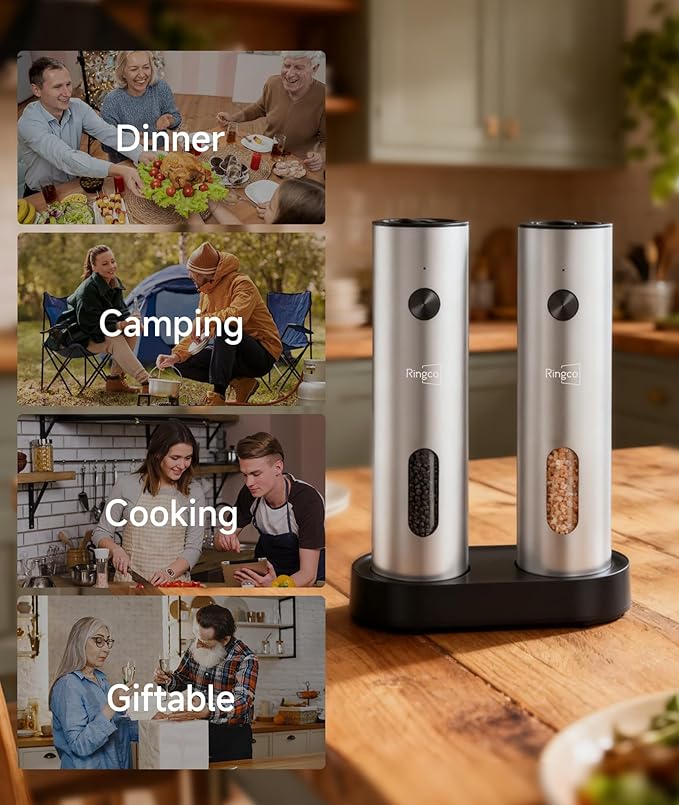 Ringco Electric Salt and Pepper Grinder Set with Charging Base, Rechargeable Salt and Pepper Mill with Adjustable Coarseness, LED Light, 110ml Large Capacity for Kitchen, Outdoors, Christmas Gift