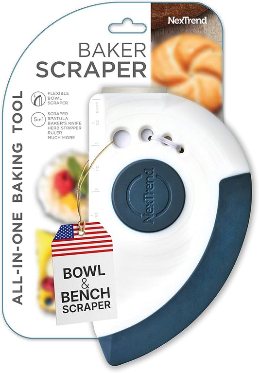 Nextrend BakerScraper ??5-in-1 Flexible Bowl Scraper, Bench Scraper and Dough Scraper with Stainless Steel Edge, Ruler & Herb Stripper ??BPA Free, Dishwasher Safe - Blue