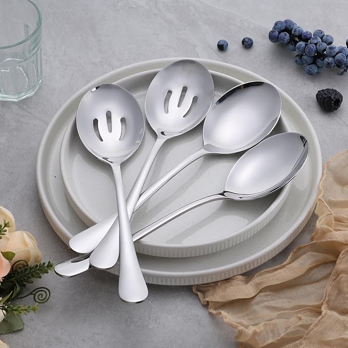 E-far Large Serving Spoons Set of 4, 9.8 Inch Stainless Steel Serving Utensils Set Includes Slotted & Solid Spoons for Buffet Party Catering Wedding Kitchen Restaurant, Dishwasher Safe