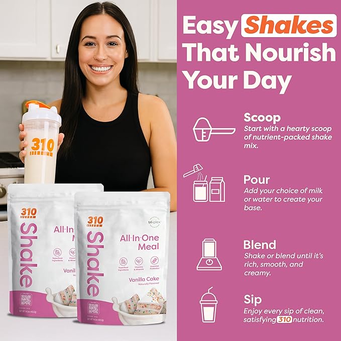 310 Nutrition All-In-One Meal Replacement Shake Powder - Plant-Based Protein Smoothie Blend w/High Fiber, Probiotics & Adaptogens - Low Carb, Vegan, Keto & Paleo Friendly - Vanilla Cake - 28 Srv