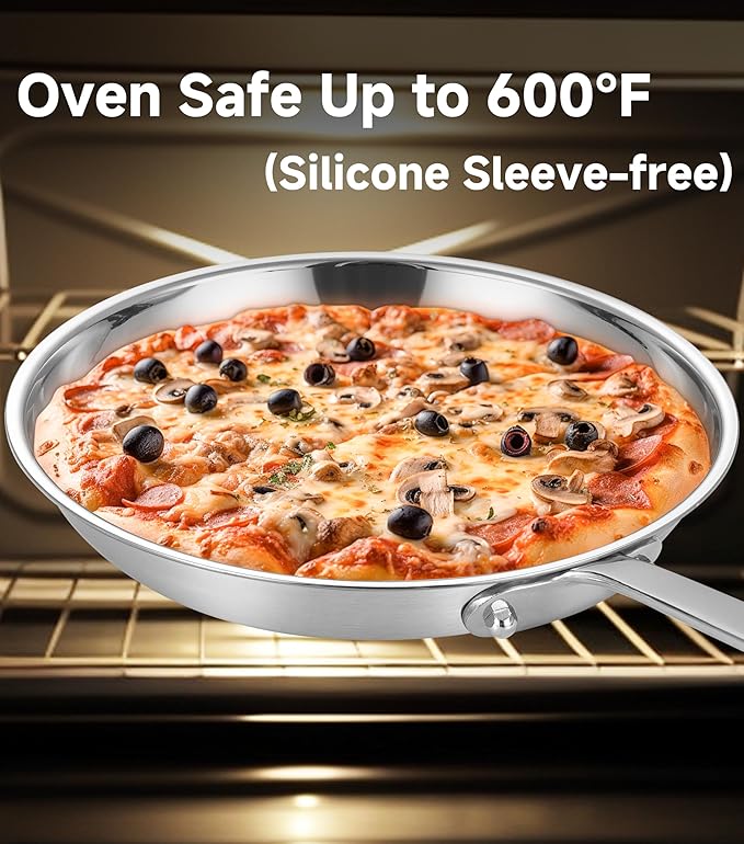 LOLIKITCH 12 In Stainless Steel Skillet - Professional Induction Fry Pan, Oven Safe 600째F, Tri-Ply Stainless Steel Clad, Dishwasher Safe, Detachable Handle, PFOA Free, Commercial Restaurant Grade