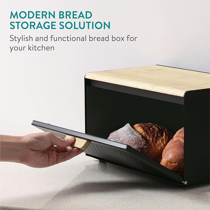 Navaris Metal Bread Bin Container with Bamboo Lid - Large Aesthetic Black Bread Bins for the Kitchen - Bread Box Containers for Small Items Storage - Bread Storing Bin Set