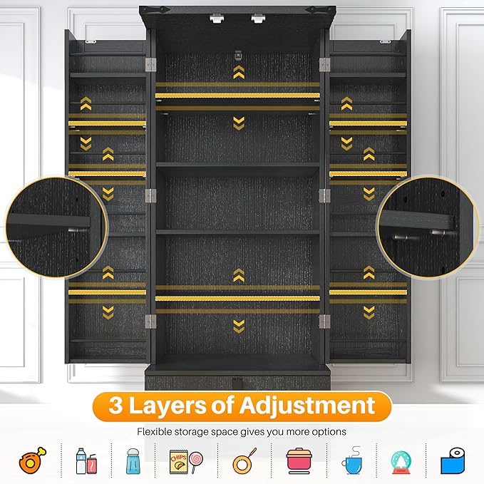 Kitchen Pantry Cabinet, Pantry Storage Cabinet with Adjustable Shelves and Drawer, Kitchen Buffet Cupboards Storage Shelf for Home Office Use (Black, 16" D x 24" W x 55" H)