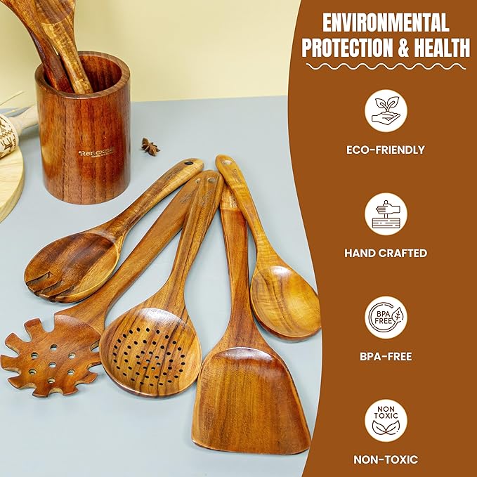 Wooden Spoons for Cooking Utensils Set - 9 Pcs Natural Teak Wooden Kitchen Utensils Set - Non-Stick Cooking Wooden Spoon with Holder, Wooden Spatula, Spoon Rest & 6 Hooks