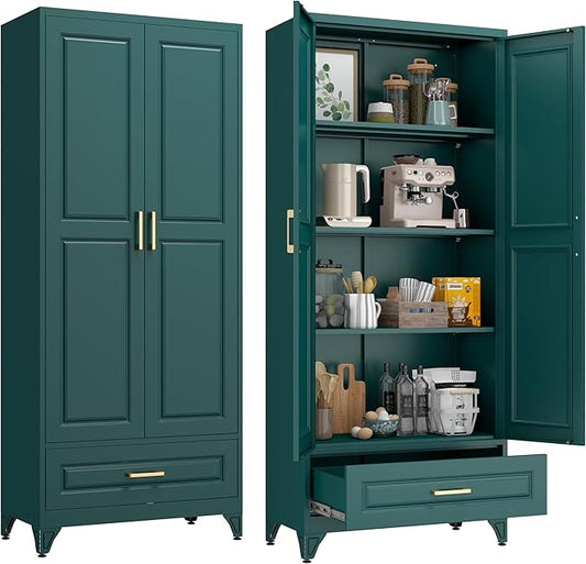 75??Kitchen Pantry Storage Cabinet,Metal Tall Storage Cabinet with Drawers and Adjustable Shelves,Modern Kitchen Hutch Cabinets,Freestanding Cupboard for Living Room,Green