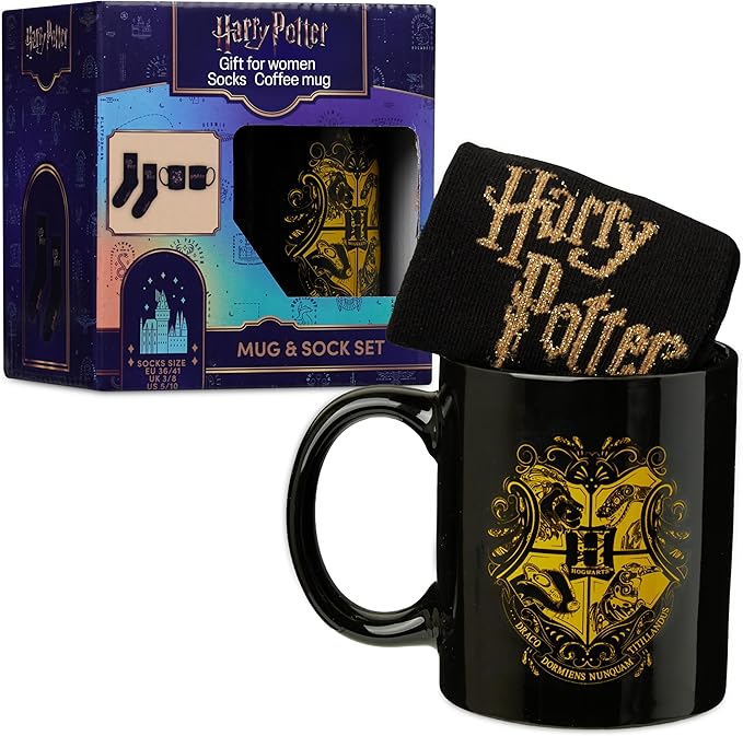 Get Trend Harry Potter Coffee Mug and Socks Set, 11.5 oz Ceramic Cup with Crew Socks, Cute Drinkware Christmas, Secret Santa Gifts for Women (Black Harry Potter)