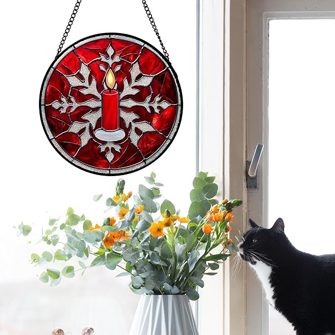 Stained Glass Window Hanging 4 Pcs Set Red Christmas Decorations Theme 7.8" - Suncatcher Door Garden Sun Catcher Decor Birthday for Mom Woman Nana Men Friend Wife