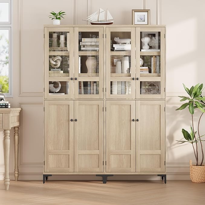 IDEALHOUSE Tall Storage Cabinet with Glass Doors, 71" Height, Adjustable Shelf, Light Oak Wood, Multi-Purpose Organizer for Kitchen Pantry and Bathroom (Natural Wood, 4 Doors with Glass)