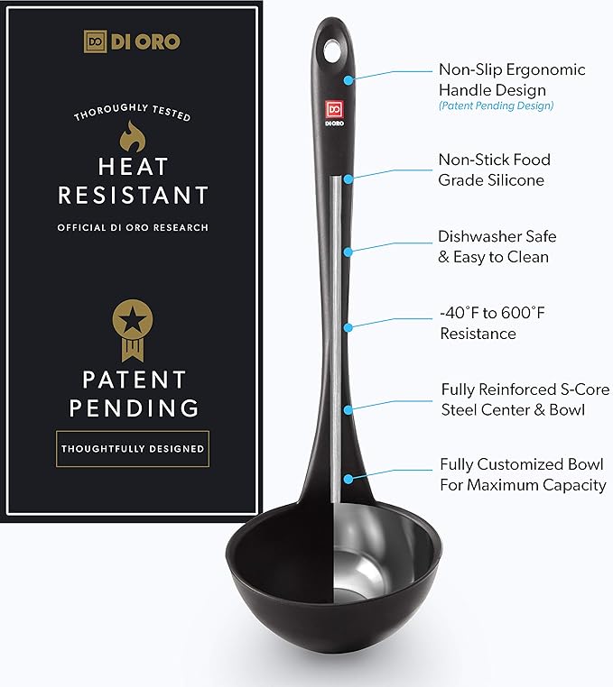 DI ORO Silicone Ladle ??Soup Ladle for Cooking & Serving Heat-Resistant - Large Kitchen Soup Ladle Nonstick Cookware Safe - Soup Serving Spoon with Wide Bowl - Silicone Utensil Dishwasher Safe (Black)