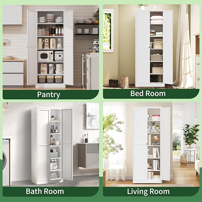 72" Tall Kitchen Pantry Cabinet,White Metal Pantry Cabinet with 2 Doors & 5 Adjustable Shelves,Utility Storage Cabinet Rust-Resistant for Living Room,Dining Room,Bathroom,Garage,Basement