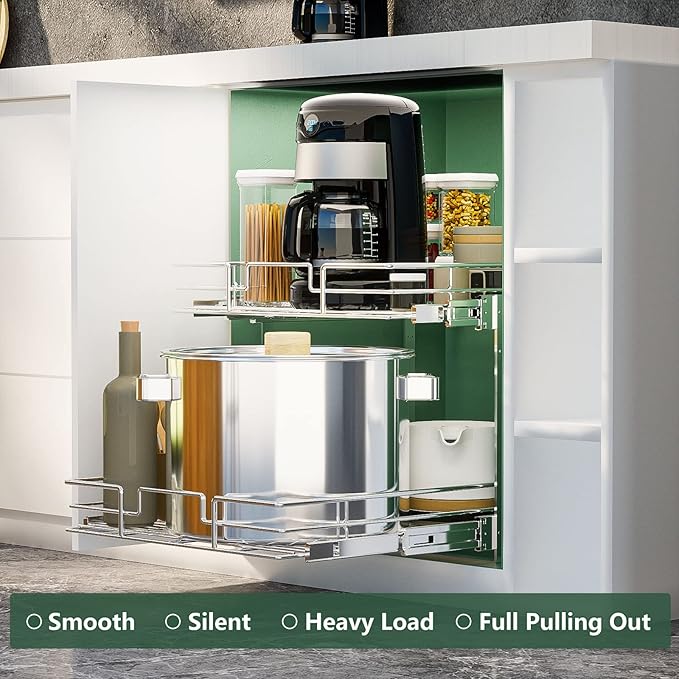 LOVMOR 2 Tier Individual Pull Out Cabinet Organizer 14쩍" W x 21쩍" D, Slide Out Kitchen Cabinet Storage Sliding Shelves