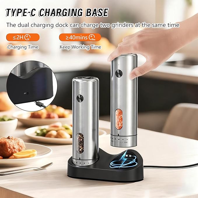 Electric Salt and Pepper Grinder Set - Rechargeable External Adjustment LED Light Dual Charging Base Upgraded Large Capacity with 110ml Top-Refill Stainless Steel Automatic Pepper Shakers