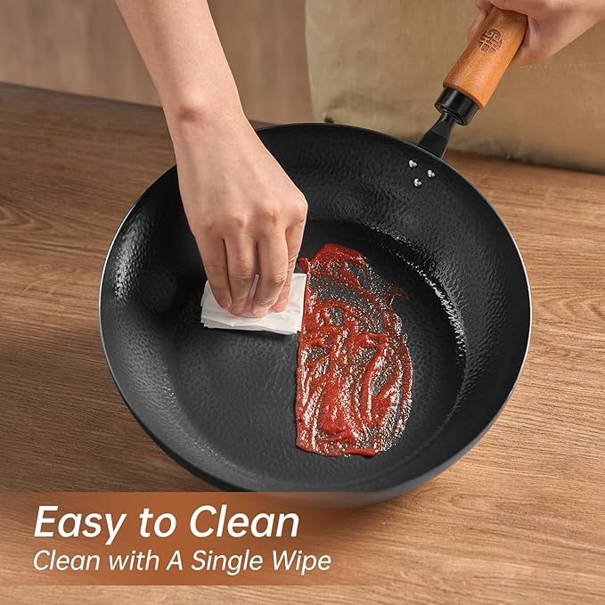 WANGYUANJI 11-Inch Carbon Steel Frying Pan with Beech Wooden Handle & Glass Lid - Physical Non-Stick, Non-Coating Skillet for Induction, Saut챕ing, Frying, Stir-Frying
