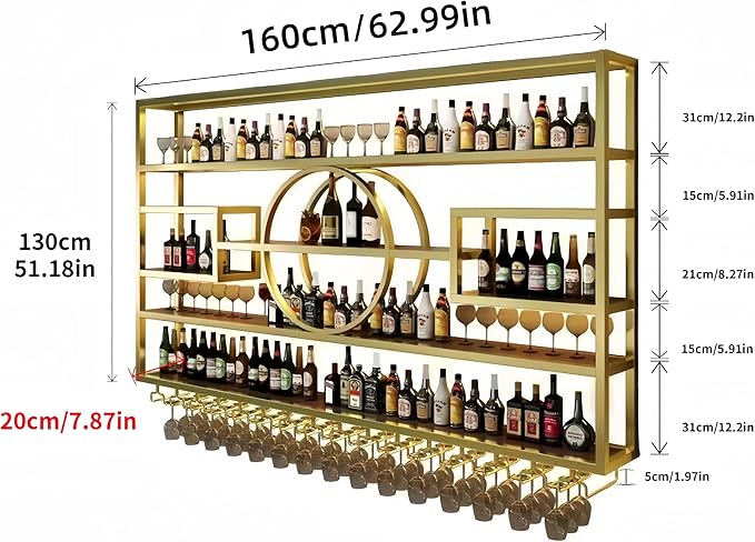63in Modern Wine Rack Wall Mounted, Metal Wall Bar Shelves for Liquor Bottles with Glass Holder, Multifunctional Wood Bar Shelves Wall Mounted for Home Bar, Dining Room & Kitchen, Gold