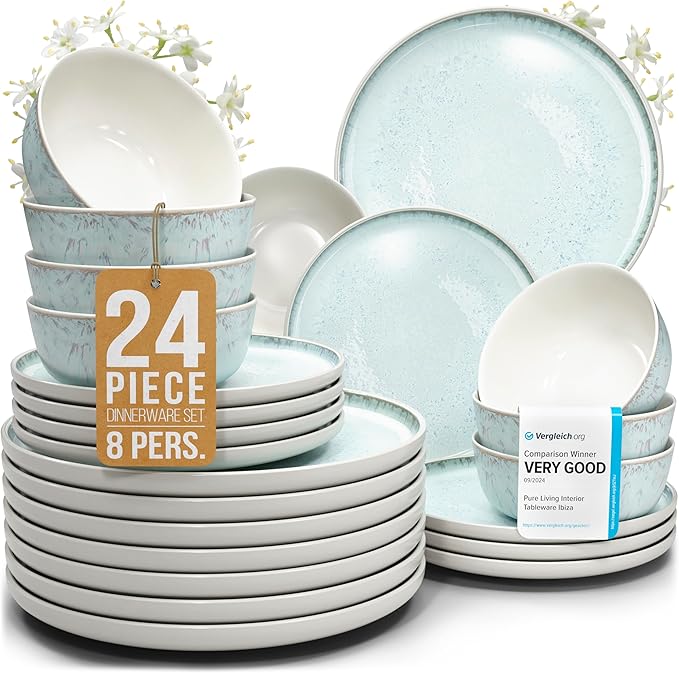 Stoneware dinnerware set 8 persons 24 pcs ??Modern style plates and bowls set ceramic ??Microwave safe dinner plates and bowls set ??Bowl and plate set ??Dinner service Pure Living beige & light blue
