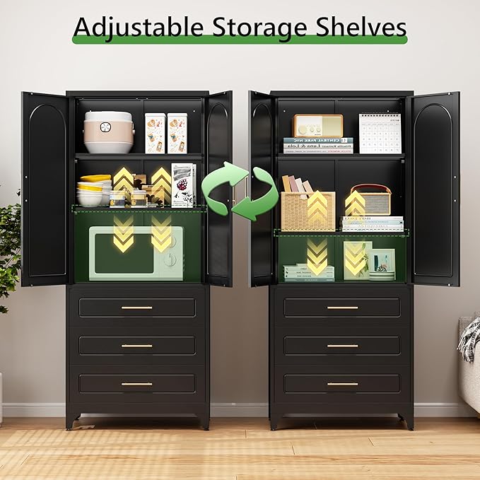 75??Tall Kitchen Pantry Cabinet,Metal Storage Cabinets with Doors and Adjustable Shelves,Modern Kitchen Hutch Cabinet,Freestanding Cupboard for Dining Room