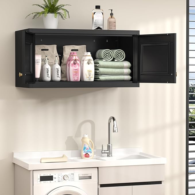 32" Metal Wall Cabinet 2 Doors,Black Hanging Cabinets with Handle,Bathroom Cabinet,Storage Cabinet 16" D x 32" W x 15" H