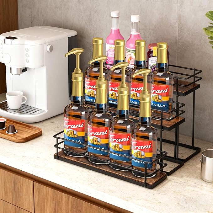 Coffee Syrup Organizer rack, 3 Tier Syrup Holder(12 Bottle Capacity) for coffee bar syrup storage,kitchen condiment organization and wine display.