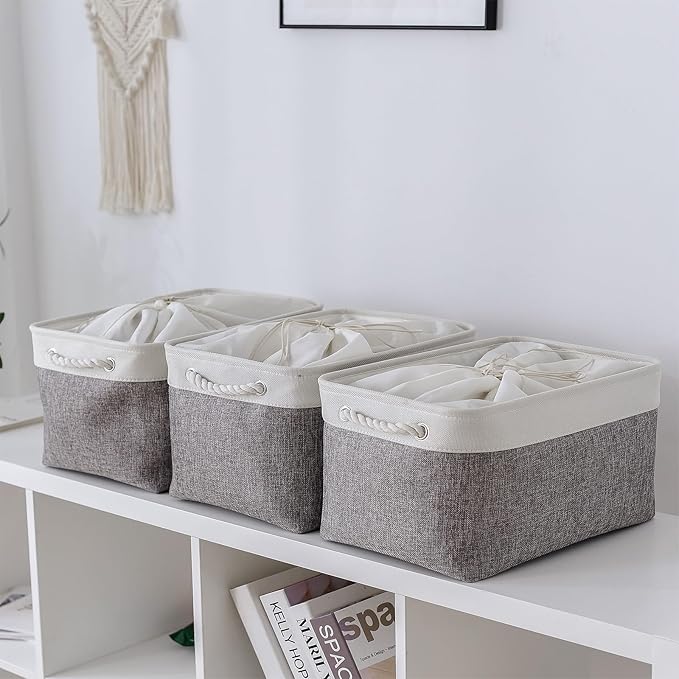 TheWarmHome Storage Baskets for Organizing, X Large - 3 Pack 17.7L횞13.8W횞9.8H in Foldable Storage Bins for Shelves, Fabric Storage Box for Closet Nursery Toy Gift (White & Grey)