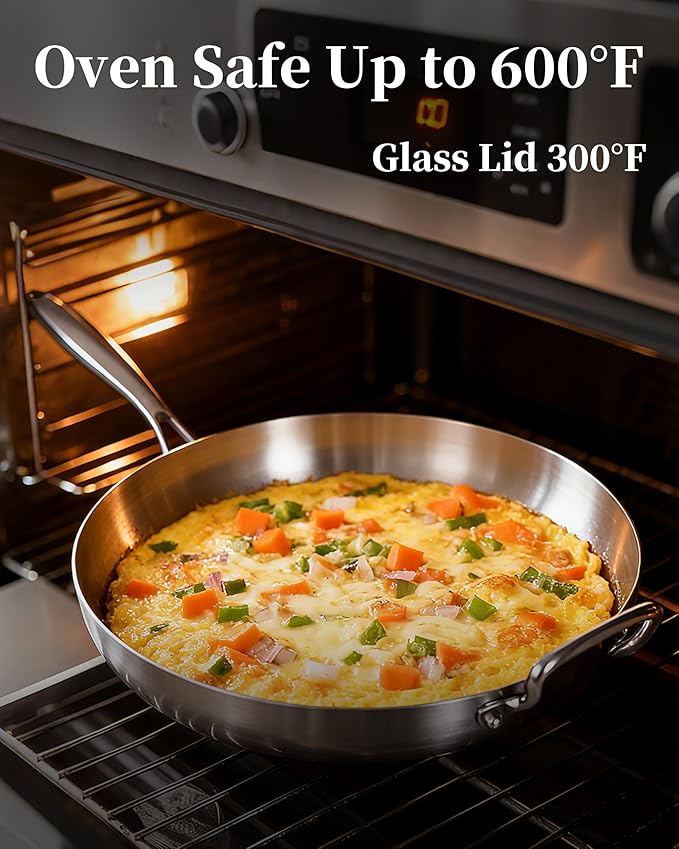 14-Inch Tri-Ply Stainless Steel Frying Pan with Lid & Detachable Handle - Induction Compatible Skillet, Oven & Dishwasher Safe, Ideal for Frying, Saut챕ing & Simmering