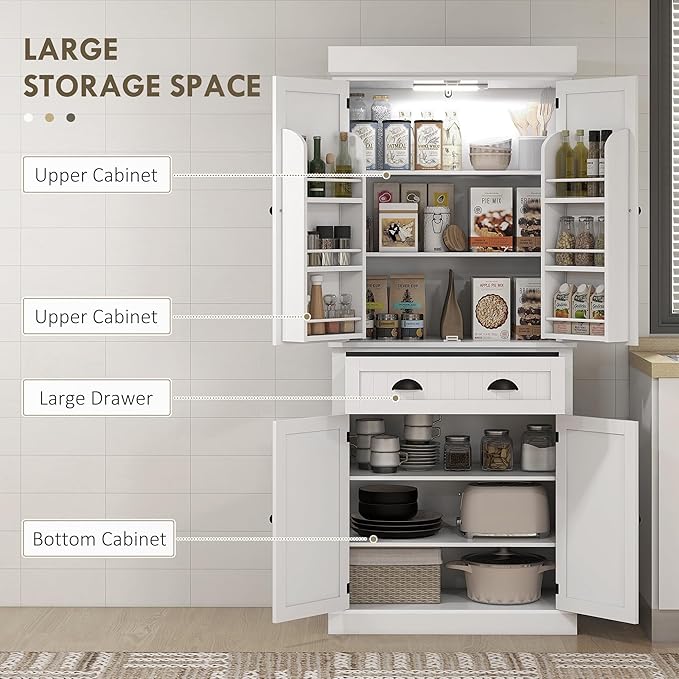 HOMCOM 71" Kitchen Pantry Cabinet with LED Motion Sensor Light, Tall Storage Cabinet with 6 Door Shelves, Drawer & Adjustable Shelves, for Living & Dining Room, White