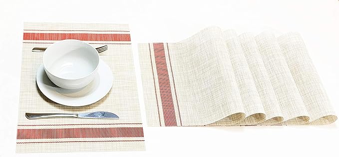 Jutemill Set of 12 PVC Vinyl Woven Place mats, Heat Insulation Stain Resistant Placemats for Dining Table Durable Cross Weave Woven Vinyl Kitchen Table Mats Placemat (Red)