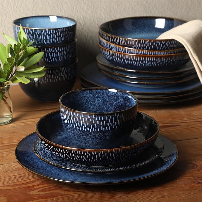 Gibson Elite Matisse 16-Piece Dinnerware Set ??Double Bowl Reactive Glaze Cereamic Stoneware in Blue ??Plates and Bowls Sets for 4, Microwave & Dishwasher Safe, Rustic Modern Design