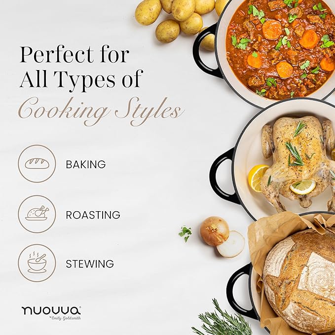 Nuovva Enamelled Cast Iron Dutch Oven Pot with Lid ??6.4 Quart Non Stick Casserole Pot ??Heavy Duty & Oven Safe up to 500째 F for Bread Baking, Braising, Stews, Roasting ??28cm Black