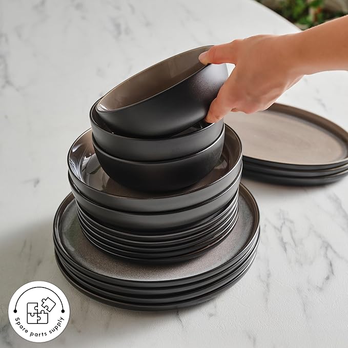 Karaca Mercure 59 Piece Stoneware Plates and Bowls Set, Reactive Glaze Black Dinner Set, Complete Kitchen Tableware Collection, Ideal Dinnerware for 12 People Dining Experience, Dishwasher Safe