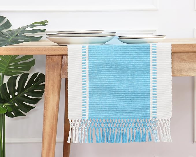 PurpleEssences Table Runner - Wide with Dobby Stripe, Heavy Ribbed Weave & Double Knot Fringes, 14x90 Inch (14x95.5 with Fringes) Boho Farmhouse Decor Christmas Holiday Winter - Aqua Blue and H.White