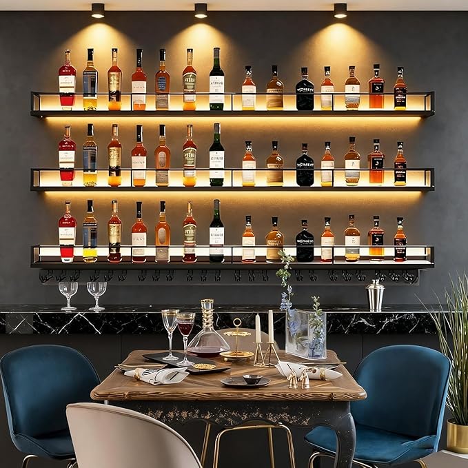 Metal Wall Mounted Wine Rack with LED Light, 3 Tiers Liquor Bottles Floating Shelves with Glass Holder, Wine Shelf Industrial Bar Shelves for Home Bar Dining (Black, 140cm/55in)