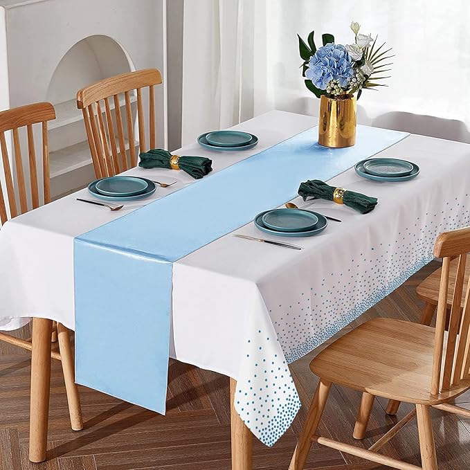 16Pack Disposable Plastic Tablecloths and Satin Table Runner Set White and Light Blue Dot Tablecloth Blue Satin Table Runner for Wedding Birthday Baby Shower Anniversary Engagement Xmas Party Supplies