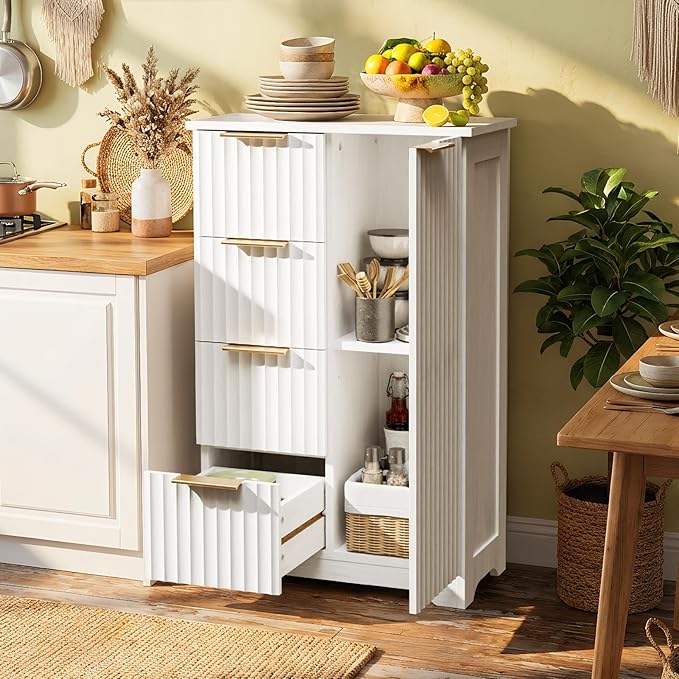 VINGLI Fluted Sideboard Buffet Cabinet, Modern White Wood Storage Console with Doors and Drawers, Multi-Function Storage Cabinet for Living Room, Dining Room, Kitchen, White
