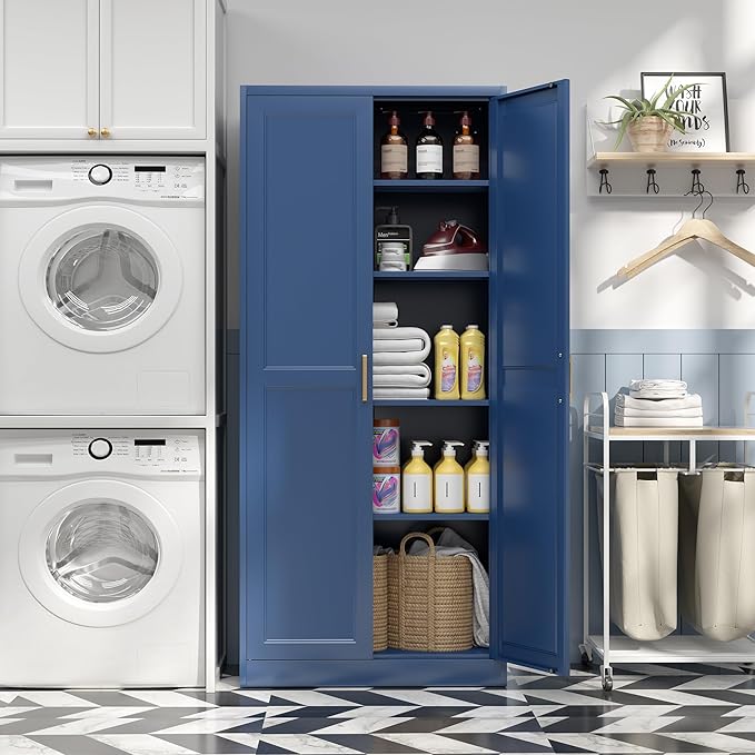 Kitchen Pantry Cabinet,71?쒫lue Metal Pantry Storage Cabinets with Doors and 4 Adjustable Shelves,Kitchen Cabinet with 2 Gold Handles,Tall Cabinet for Livingroom,