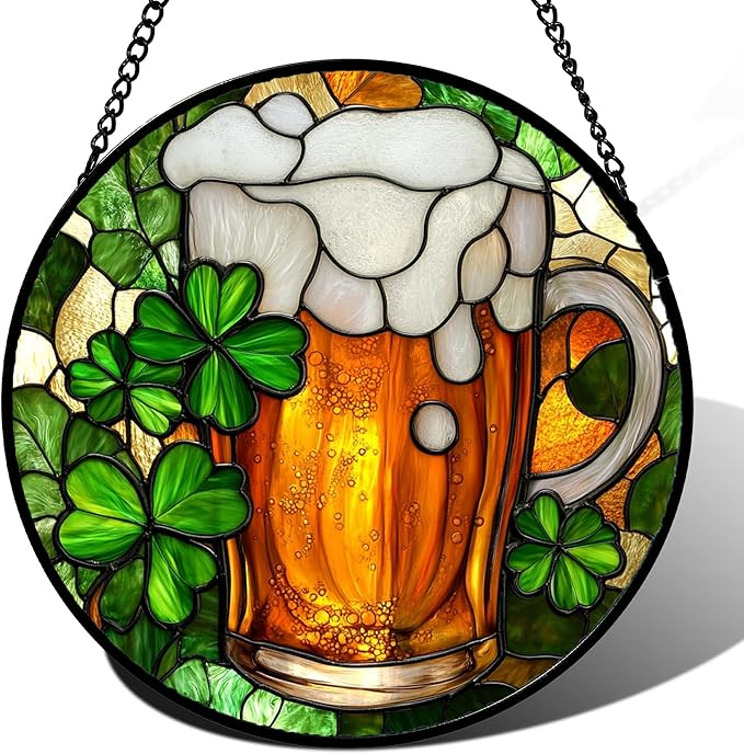 Stained Glass Window Hanging Green Clover Beer 6.3" - Suncatcher Door Garden Sun Catcher Ireland Decor Birthday Mother's St. Ripack's Day Gift for Woman Mom Men Friend Nana Wife Aunt