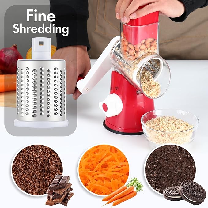 Ancevsk Rotary Cheese Grater Shredder, Speed Kitchen Manual Round Mandolin Slicer Safe Grinder with 3 Interchangeable Blades for Nuts, Carrot, Hashbrown, Garlic, Walnut, Potato, Chocolate (Red)