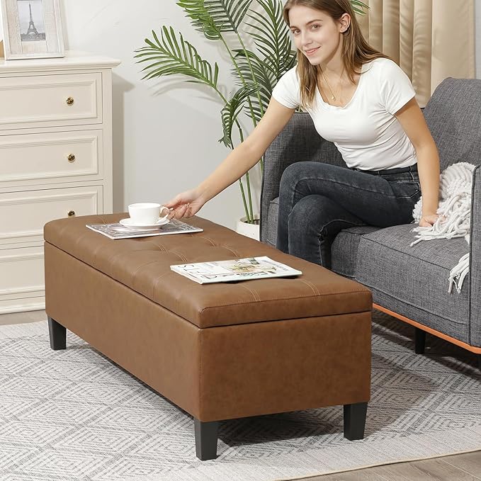 DECO DE VILLE Ottoman with Storage, 51 Inch Large Ottomans Storage Bench,Faux Leather Upholstered End of Bed Bench with Hinged Lid, Long Foot Rest Stool for Living Room Bedroom, Vintage Golden Brown