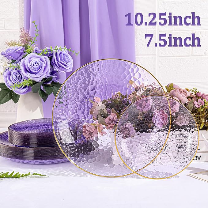 SUT 36Pcs Purple Plastic Plates, Hammered Plates Disposable Heavy Duty, Purple Disposable Plates With Gold Rim, Fancy Plastic plates Include 18 Dinner and 18 Dessert plates for Wedding