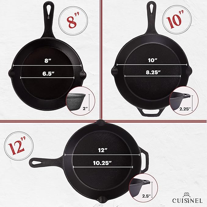 Cuisinel 8"+10"+12"-Inch Cast Iron Skillets Set with Glass Lids + Silicone Handle Holder Covers + Pan Scraper - Pre-Seasoned Oven Cookware - Use Indoor/Outdoor, Grill, Stovetop, Camping Fire, Oven