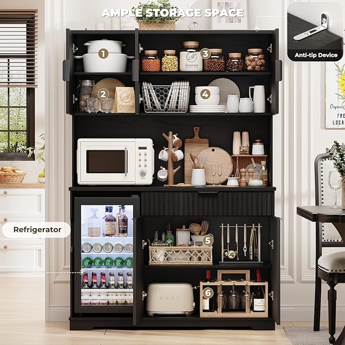 69" Kitchen Pantry with Fridge (Fridge Included), Fluted Coffee Bar Cabinet with Storage Hutch, Tall Wine Bar Cabinets with Drawers & Wide Countertop for Living Room, Dining Room, Black