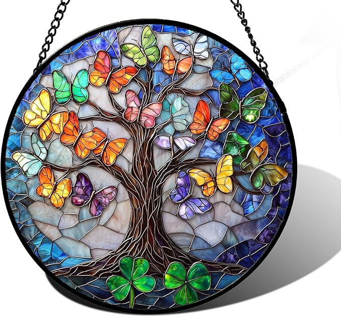 Stained Glass Window Hanging, Butterfly Tree Clover Sun Catchers Glass Panel Blue Suncatcher Decor for Birthday for Women, Men, Wife, Aunt, and Mom 9.8 in