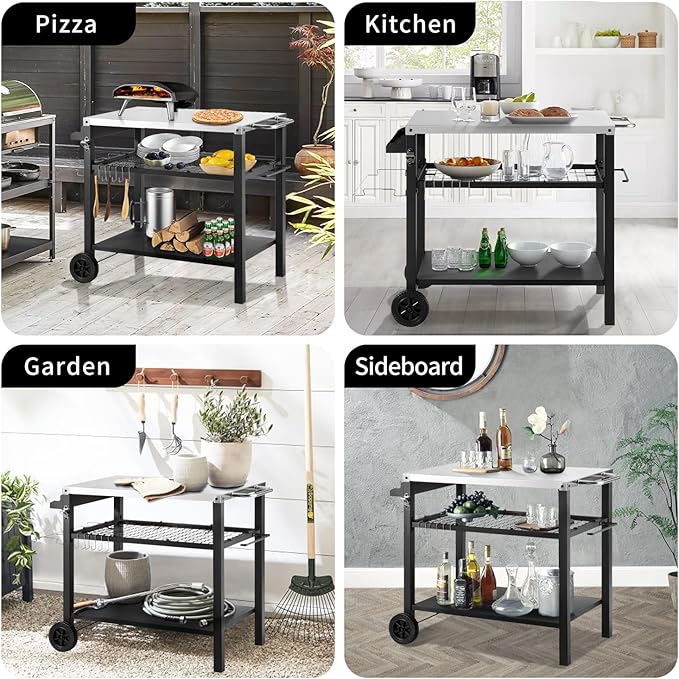 Kendane Grill Cart Table with Three Shelf, Movable Outdoor Dining Cart Pizza Oven Stand with Three Hooks, Kitchen Cart Island Multifunction Food Prep Table (Sliver)
