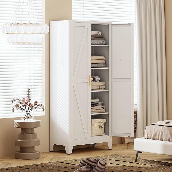 71" H Metal Storage Cabinet,White Pantry Cabinets with Doors and Shelves,Tall Food Kitchen Cabinets,Farmhouse Kitchen Cabinet,Freestanding Cabinet